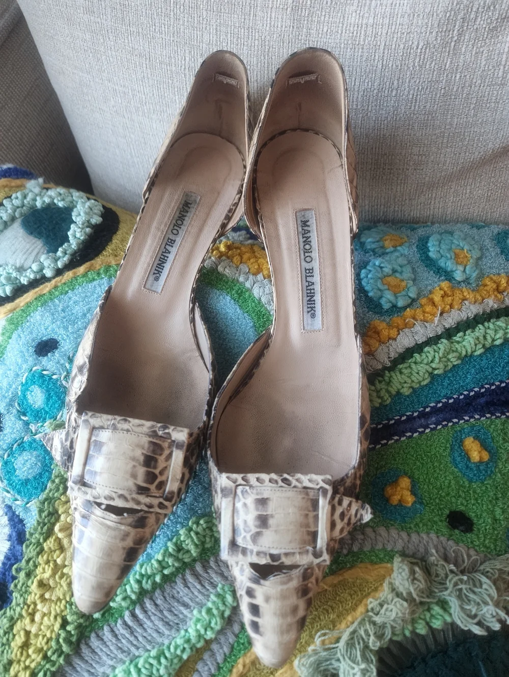 Manolo Blahnik Women's Beige Snakeskin Pointed-Toe Pumps